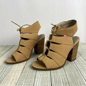 Hinge Tan Caged Lace Up Sandals Stacked Heel